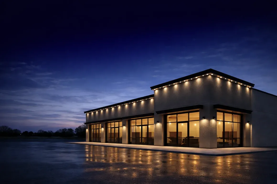 Commercial building with warm roofline downlighting at dusk